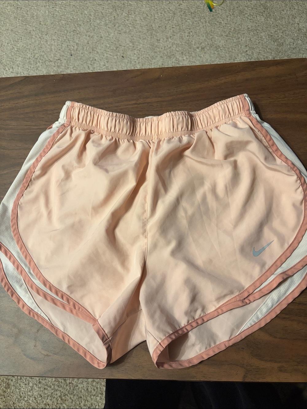 Nike Women's Light Peach Athletic Shorts with White Mesh Trim